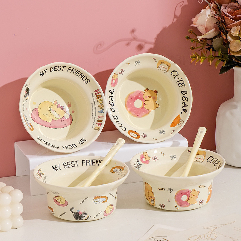 Cute Salad Bowl Ceramic Ingot Bowl Round Rice Bowl Soup Bowl Noodle Bowl Plate Meal Bowl Italian Pasta Bowl Dessert Bowl Breakfast Bowl Yogurt Oatmeal Bowl