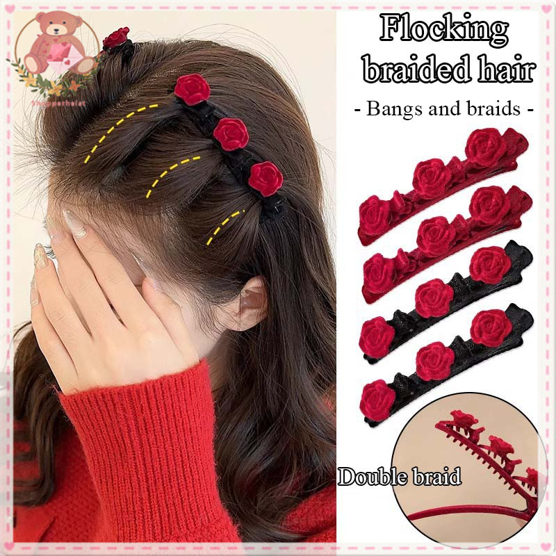 【SH】Red Flocking Braided Hair Clip Camellia Hair Clip Creative Bangs Clip Fashionable Women SH