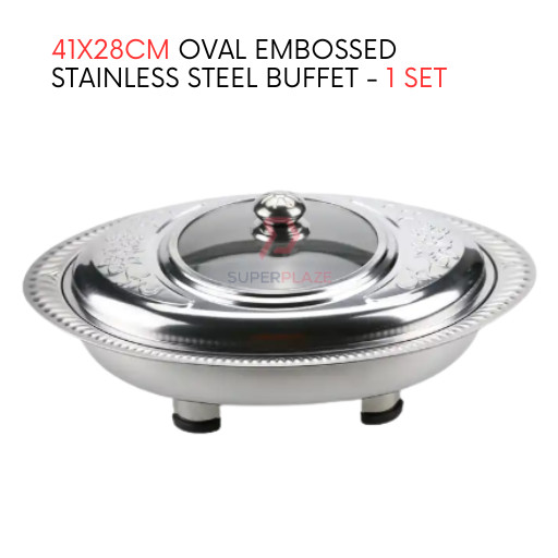 1 Set 41x28cm Oval Cut Embossed Stainless Steel Buffet Set Catering Serving Tray Food Pan Warmer