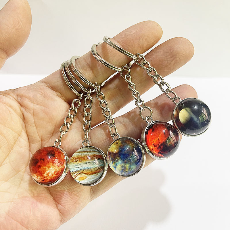Glow In The Dark Universe Planet Keychain Solar System Earth Pendant Galaxy Nebula Double Sided Glass Ball Key Ring