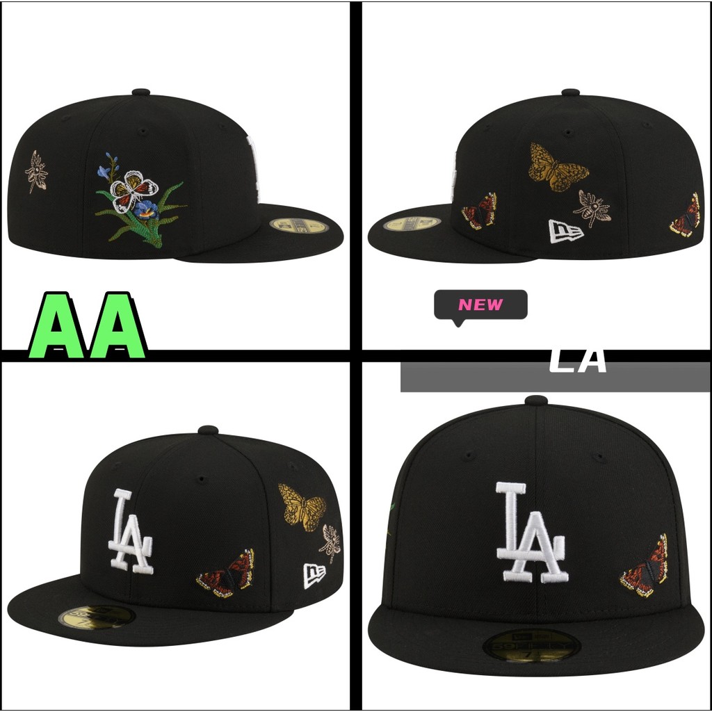 New/Era Dodgers 59Fifty Felt Fitted Cap _ Foot Locker New Style Black Butterfly Vintage Exquisite Embroidery Flat Brim Baseball Cap Men's and Women's  Sunscreen Sun Hat AA