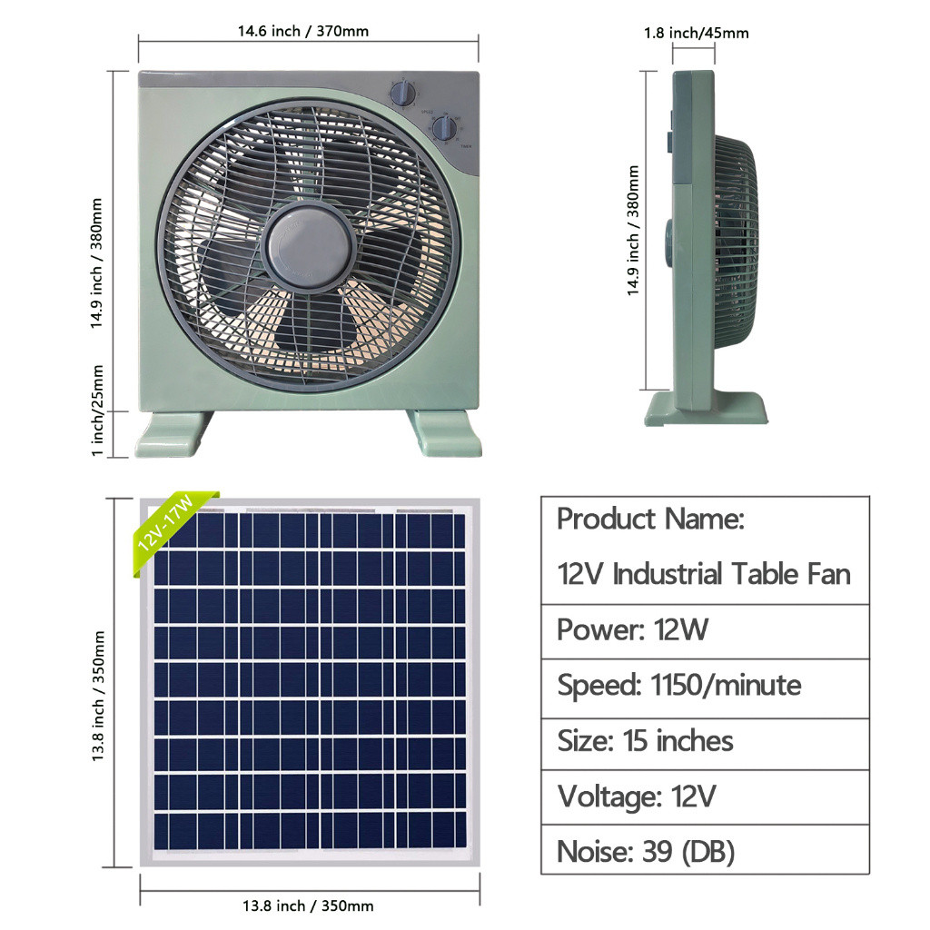 DC solar air fan mini exhaust box fan 12 'reka bentuk mudah air cooling smart timer 3 speed Murah table fan stand fan RV luar anda, kipas dinding bot tahan lama solar electric fan qqtd