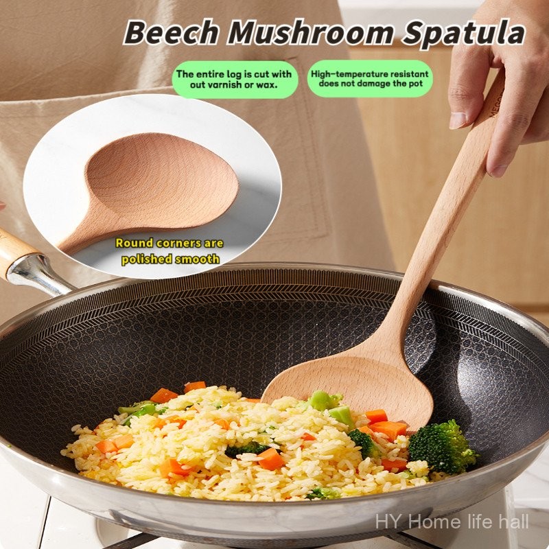 Beechwood Mushroom Spatula - Household Non-Stick Pan Wooden Turner (Heat-Resistant, No Wax/No Paint) | Eco-Friendly & Food Grade Safe Stir-Fry Essential/榉木蘑菇铲