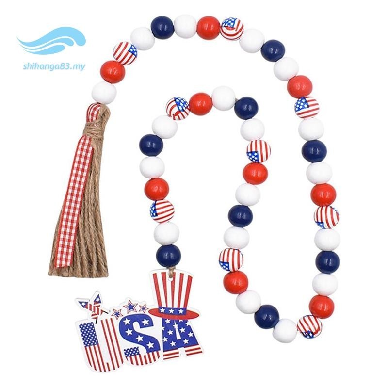 Patriotic Wooden Beads Garland, Stars Bead String Jutes Rope Decor Red White and Blue Garland for Home Decor