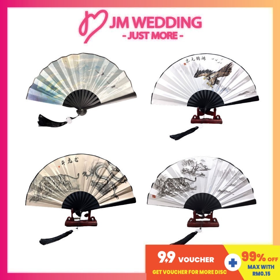 26.5cm Large Chinese Paint Traditional Nylon-Cloth Folding Hand Fan Kipas tangan Asian Bamboo Kayu