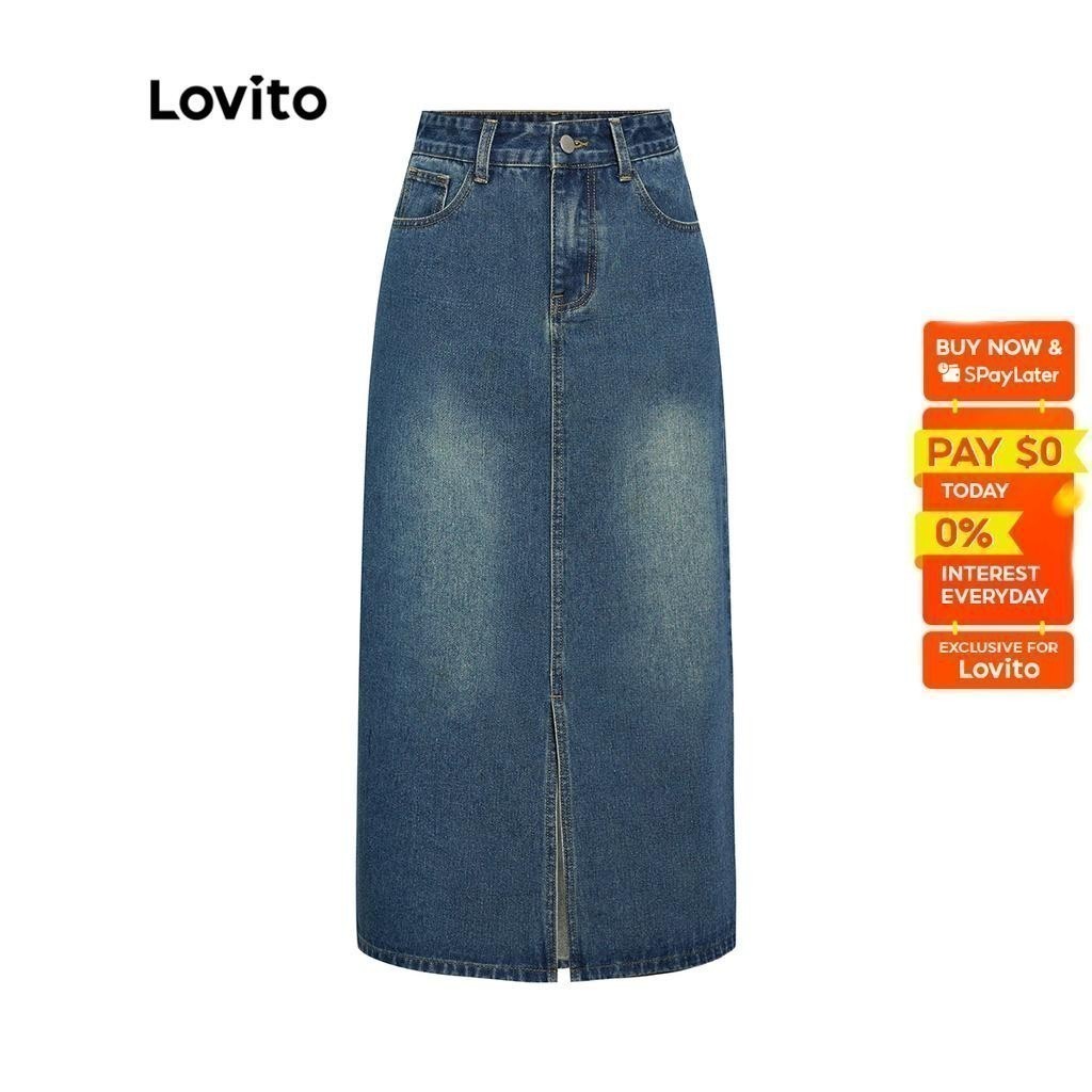 Lovito Casual Plain Washed Split Midi Women Denim Skirt L39AD079 (Blue)