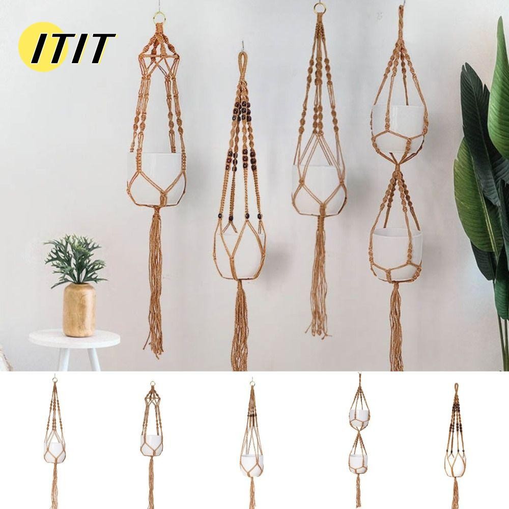 [ITIT] Hanging Planter, Hand Woven Hemp Rope Hanging Flowerpot Basket, Home Decor Handmade Knotted Lifting Rope Horticultural Plant Hanger Pot Holder