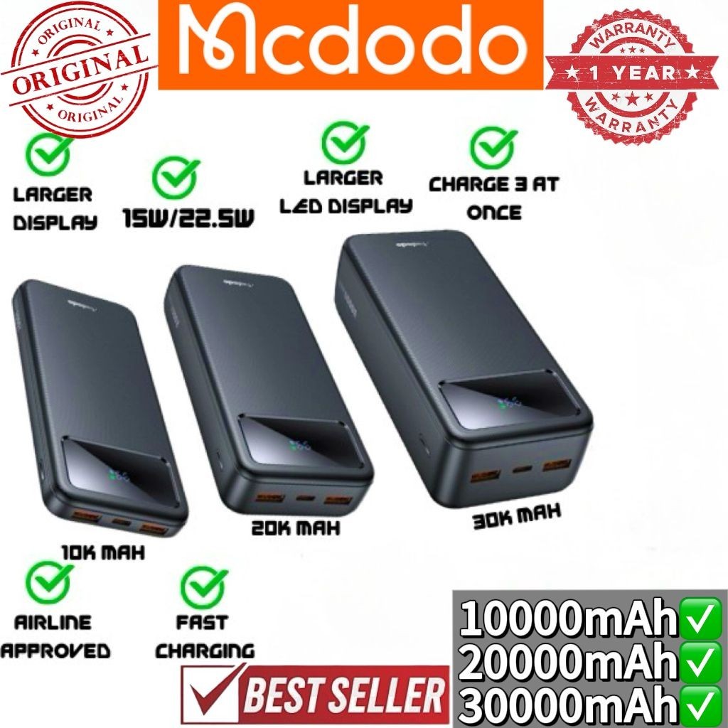 【1Yr Warranty】 MCDODO 15W 22.5W Digital Display 10000mAh 20000mAh 30000mAh 1C+2A PowerBank MC 4181 4191 4201 422 423 424