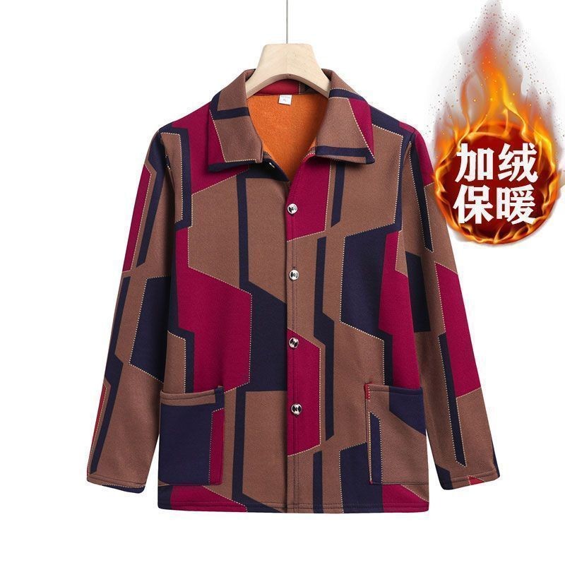 Baju Panas Musim Gugur dan Musim Sejuk Ibu untuk Wanita Warga Emas, Cardigan untuk 50 hingga 60 Tahun, Baju Lengan Panjang Bergaris Bulu untuk Pertengahan Umur dan Warga Emas