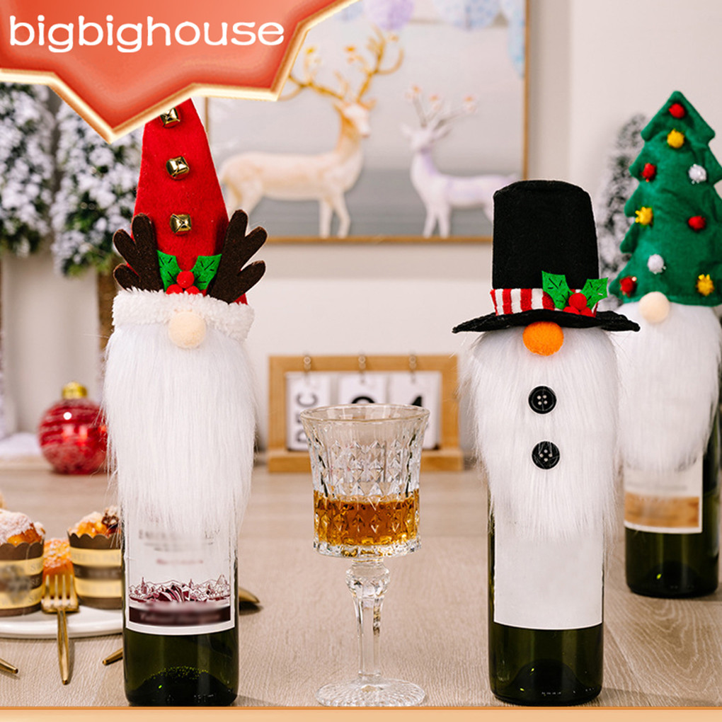 【Biho】1/2/3/5 Christmas Wine Bottle Cover Festival Themed Party Champagne Decoration Fabric Kitchen Knitted Xmas Drink Table Decor