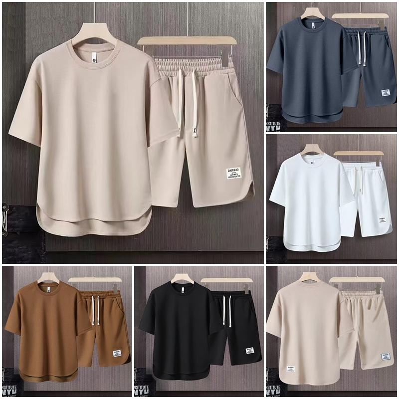 【One Set】Summer Korean style Waffle Fashionable men's sports label Set  Plain Apricot Top Couple Casual loose Suit  simple Baju-T Lelaki