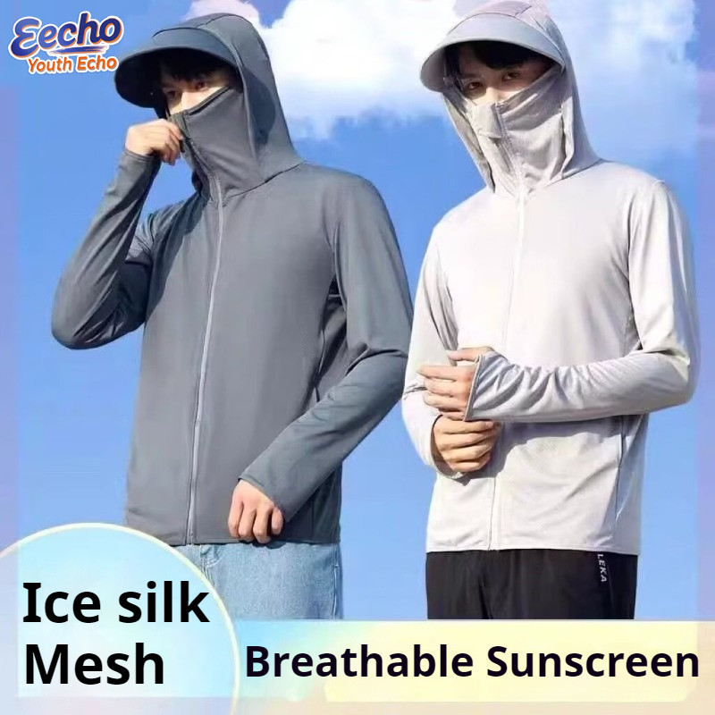 2025 New Unisex Summer UV Ice Silk Mesh Sun Protection Clothing Zip Hoodie Long Sleeve UPF 50+ Outdoor Clothes Fishing Hiking Jacket Black Grey White