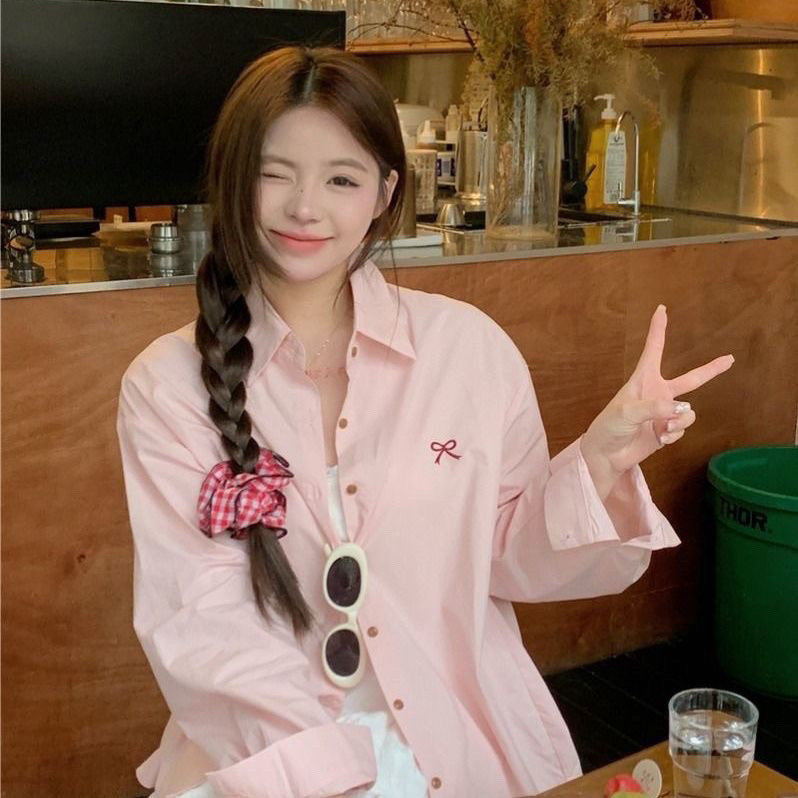 ?LOTDD? [ready stock in Malaysia] Long Sleeve Shirt Loose Casual Women plus size baju Gentle Pink Bow Embroidered Polo Top