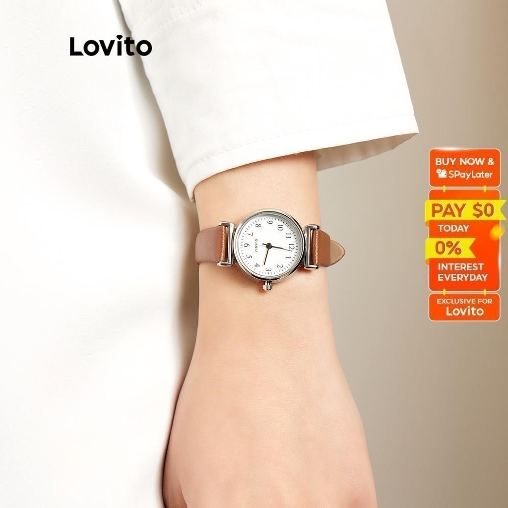 Lovito Elegant Plain Round Dial Smooth PU Leather Strap Basic Light Weight Quartz Watches LSP01047 (Brown/White/Black)