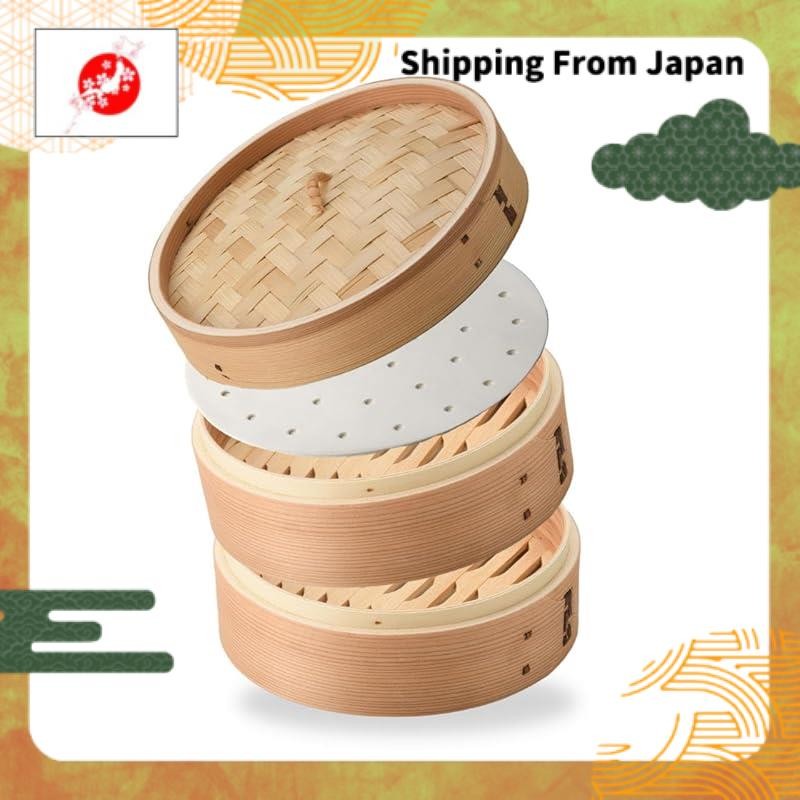 (From Japan)TAYONE】24cm Sugi Seiro Taiwanese Steamer, Set of 2 Bodies and 1 Lid, Natural Wood, Natural Bamboo, Steamed Vegetables, Small Baskets, Steamer, Commercial Seiro, Steamer, with 20 sheets of paper for the Seiro_TAYONE