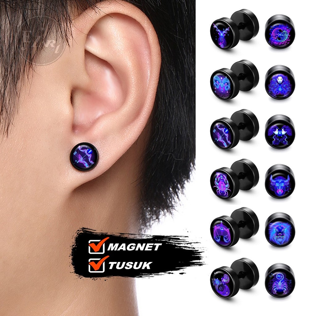 Zodiac Magnetic Earrings Neon Symbol Constellation Zodiac Horoscope Barbell Stud Clip Round Wheel Black Stainless Steel Anti-Rust Earring Clip
