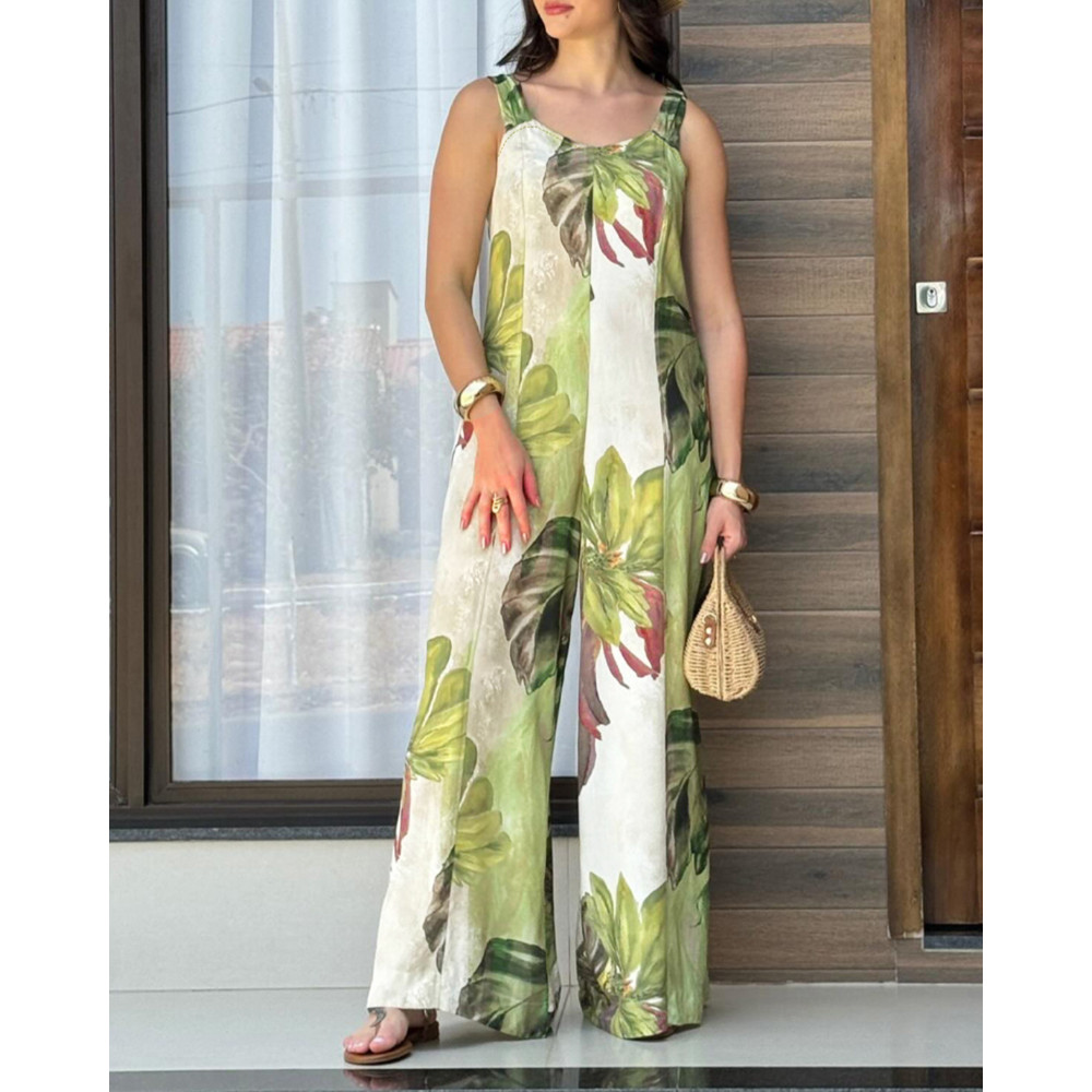 Women's Casual Summer Jumpsuit - Plant Print with Thick Straps and Wide Legs