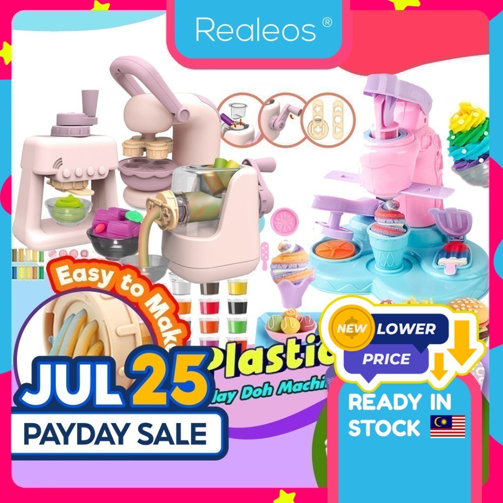 Realeos Macaron Color Kids Pretend Play Ice Cream Maker Burger Noodle Plasticine Toy Clay Masak Masak Kanak Kanak