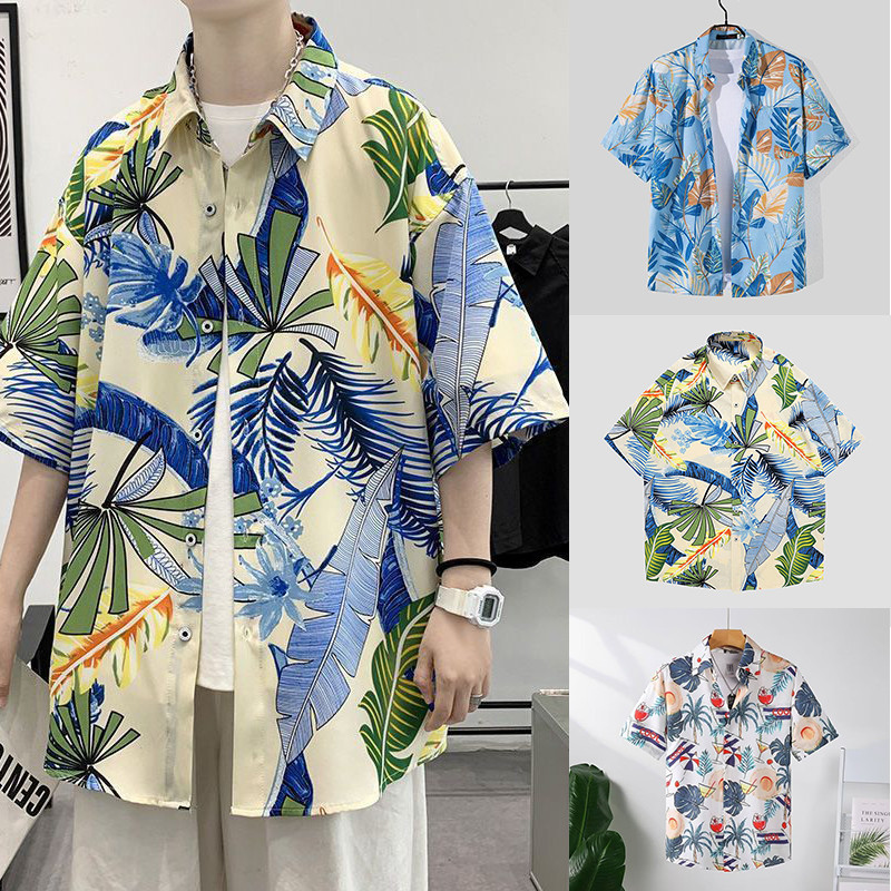 OUDIS Hawaiian Shirt Men Summer Loose Breathable Short Sleeve Printed Shirt Baju Hawaii Lelaki