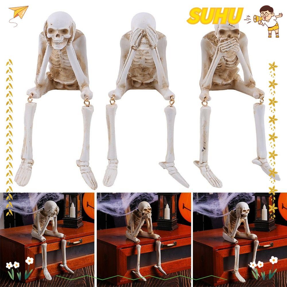 SUHU Hanging Leg Skeleton, Moveable Leg Bone Resin Halloween Human Skeleton, Creative Haunted House Decoration Don't Look Don't Listen Don't Say White Body Figurine Halloween