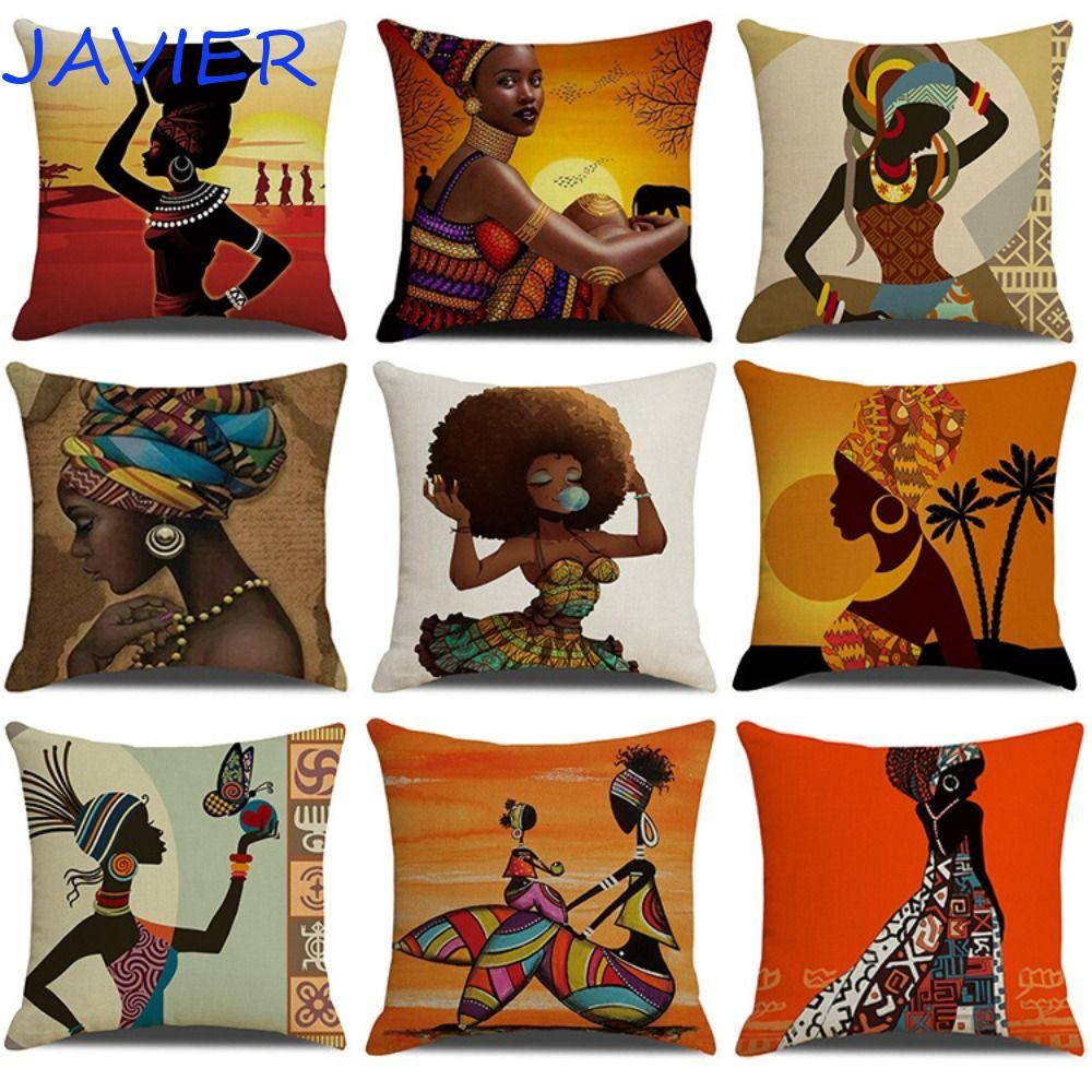 JAVIER 2Pcs African Girl Cushion Cover, 45x45cm Luxury African Tribal Pillow Cover, Home Textile Creative Washed Material Soft Throw Pillow Case Children