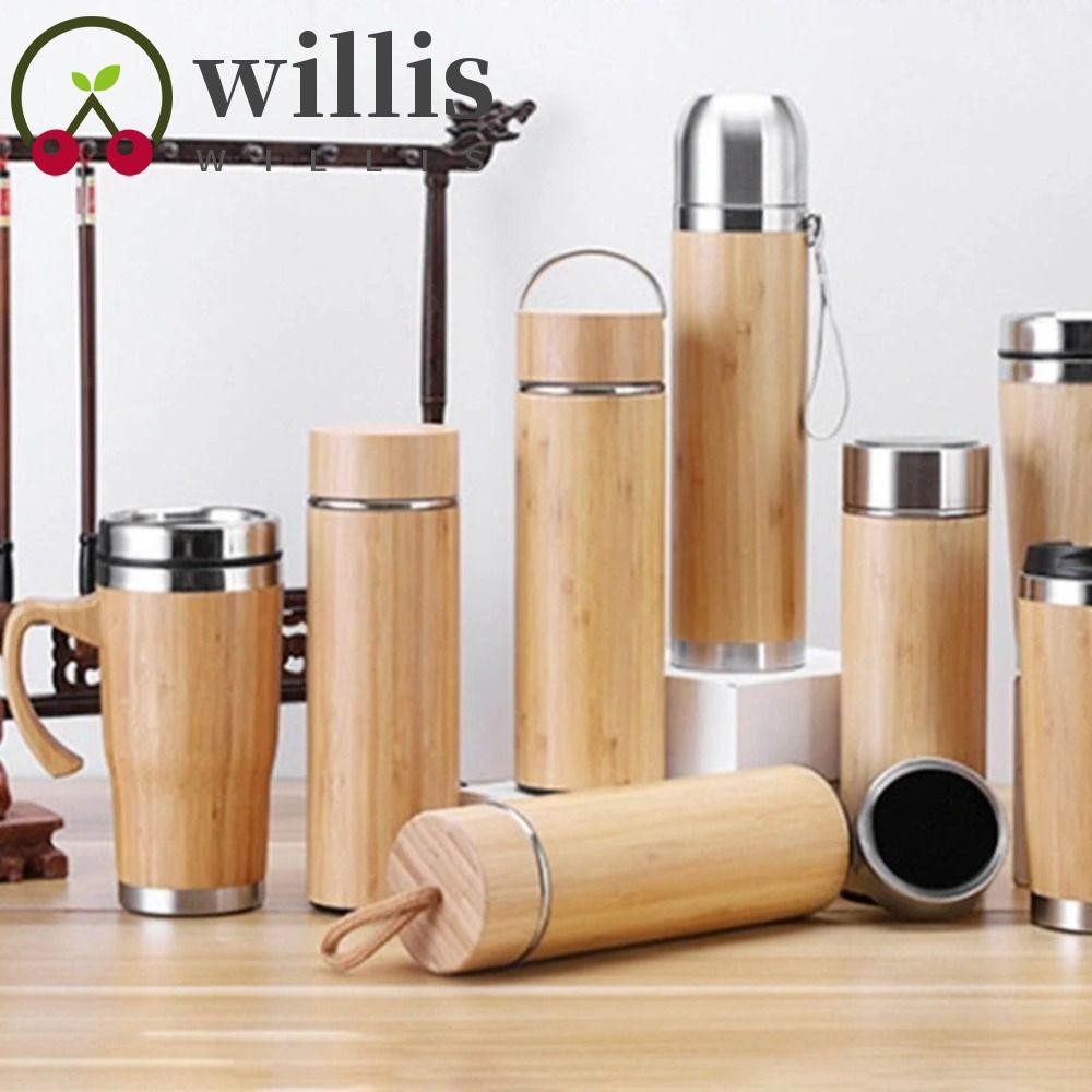 WILLIS Thermos Insulated Mug, Bamboo 350/450ml Insulated Water Bottle, Retirement Gift 304 Stainless Steel Double Layer Inner Flip Lid Travel Cup Office