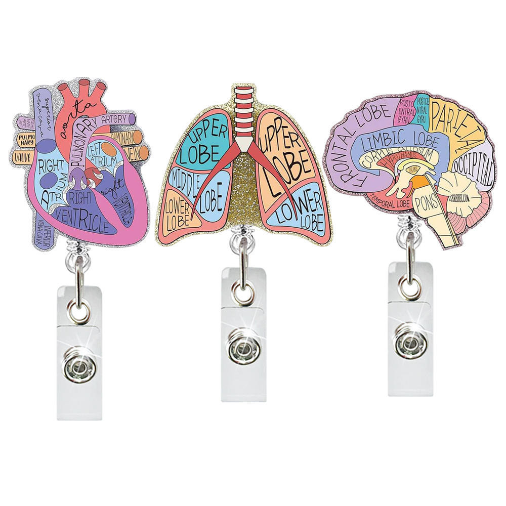 1PC Cardiac Badge Reel Retractable Acrylic Flower Brain Cardiac Heart Lung Xray ID Badge Reel Holder with Alligator Clip for Medical Hospital Surgery Doctor Nurses