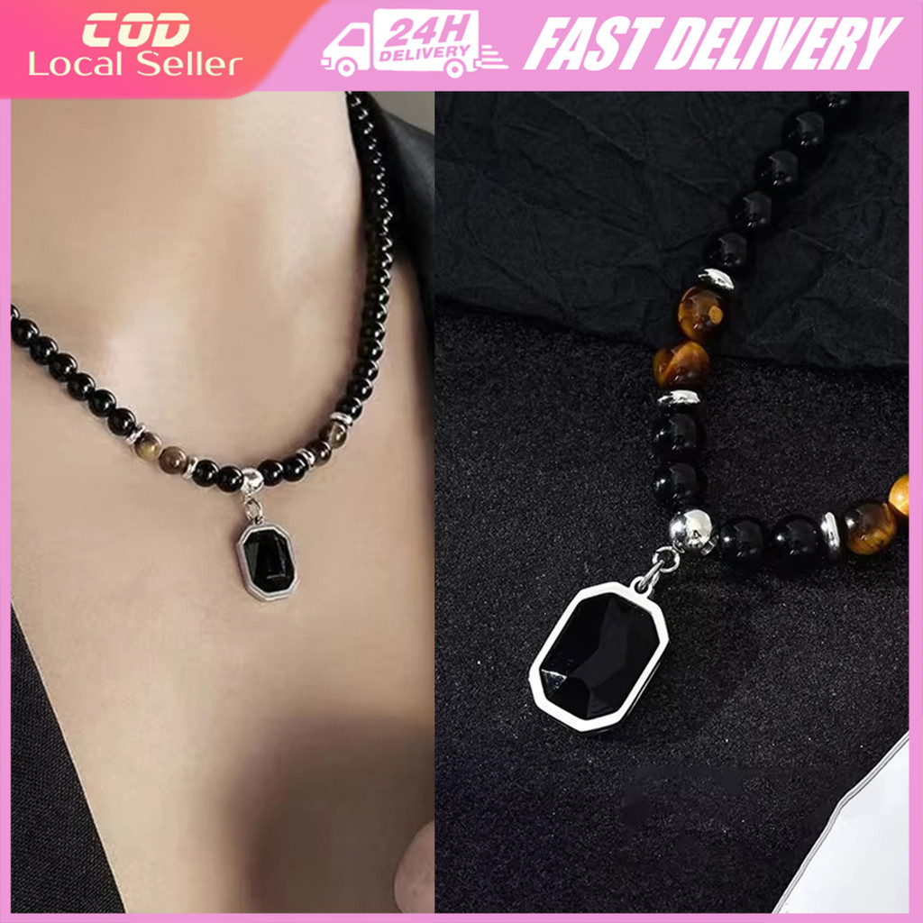 Tiger Eye Black Crystal Pendant Necklace Men Personality Fashion black beads Necklace Jewelry Male Gift