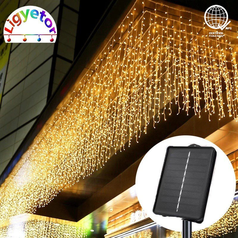 Ligyetor LED Solar Fairy Lights Outdoor Waterproof Christmas String Light Curtain Lights