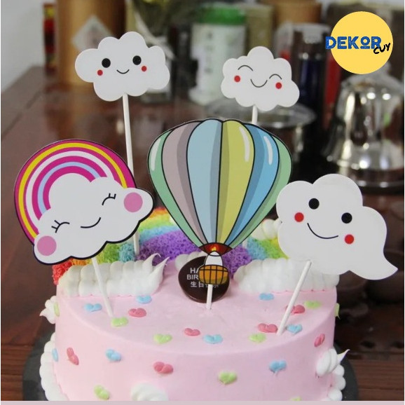Rainbow PAPER CAKE TOPPER AIR BALLOON AND 3 CLOUDS children's birthday CAKE picks rainbow unicorn theme cute aesthetic tart CAKE decoration decoration shop CAKE decoration (PBU3A)