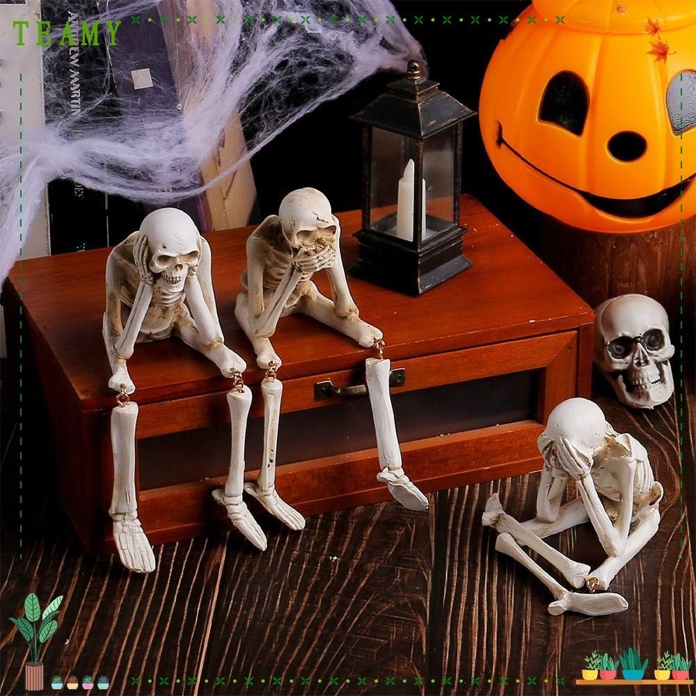 TEAMY Hanging Leg Skeleton, Don't Look Don't Listen Don't Say Resin Halloween Human Skeleton, Creative Toys White Haunted House Decoration Body Figurine Halloween