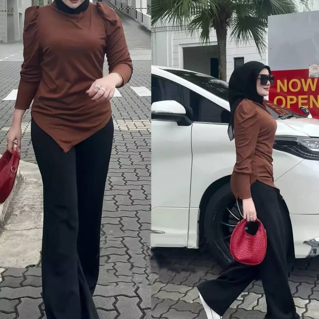 【READY STOCK AT Johor】Hotgirl⭐Women's Solid Color Iris Flower Puff Sleeve Top with Irregular Hem