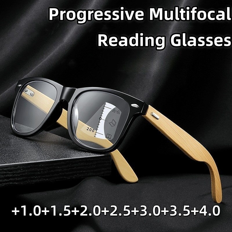 New Bamboo Leg Anti Blue Light Progressive Multifocal Reading Glasses Personalized Retro Far Sighted Glasses Cermin Mata Rabun Jauh