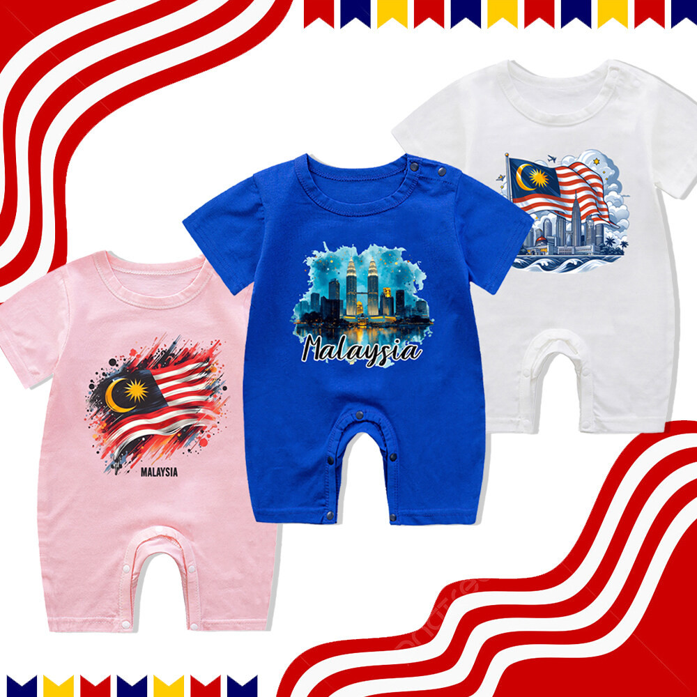 Malay Independence Day Pattern Printed Newborn Cotton Bodysuit Baby Boy Cartoon Short Sleeve Pajama Jumpsuit Celebrate Hari Merdeka Clothing