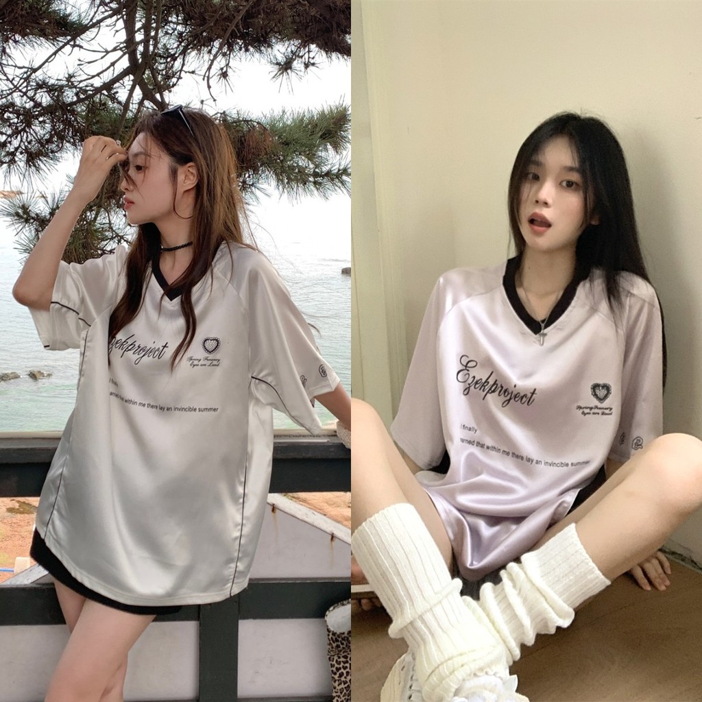 Girls Sports T-shirt Letter V-neck T-shirt Oversize Women's Shirt Short-sleeved Summer Casual Printed Trendy Brand Fashion Streetwear Tops