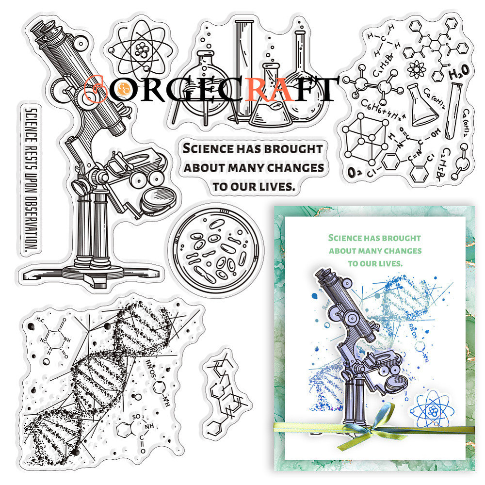 1Sheet Science Clear Rubber Stamps Experiment DNA Microscope Test Tube Beaker Transparent Vintage Postmark Silicone Seals Stamp Journaling Card Making DIY Scrapbooking Photo Album