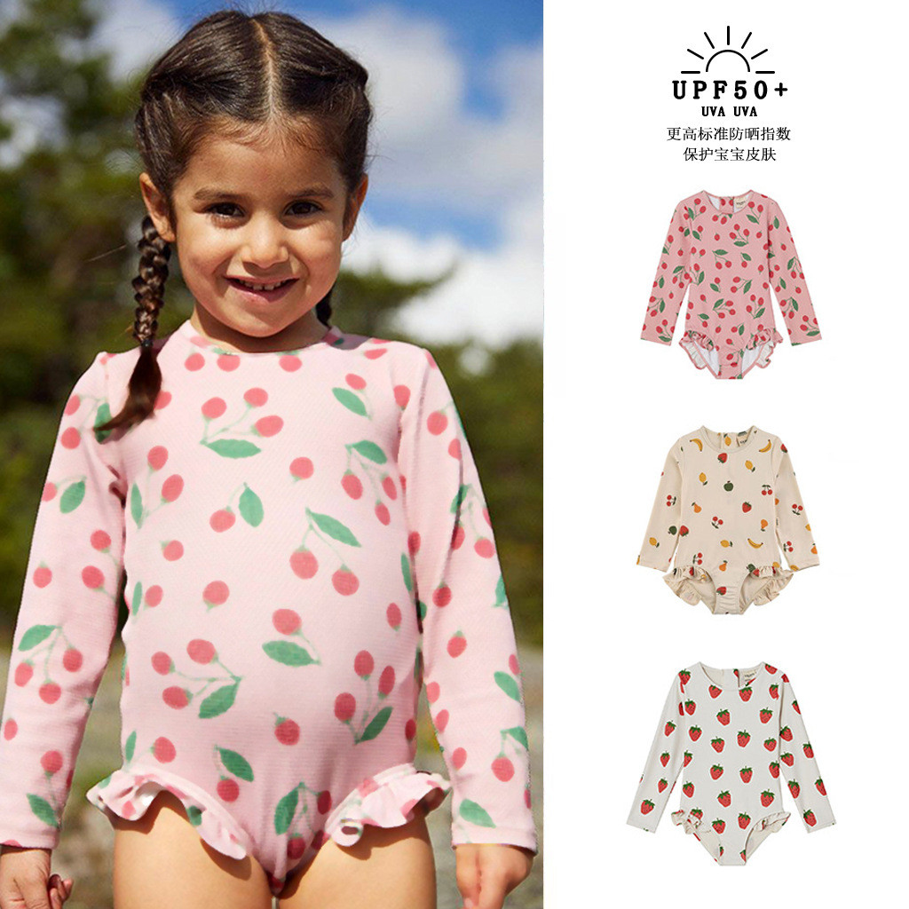 Girls' Long Sleeve Swimwear - European Style Fruit Strawberry Eco-Friendly Print | UPF 50+ Sun Protection | Includes Matching Swim Cap