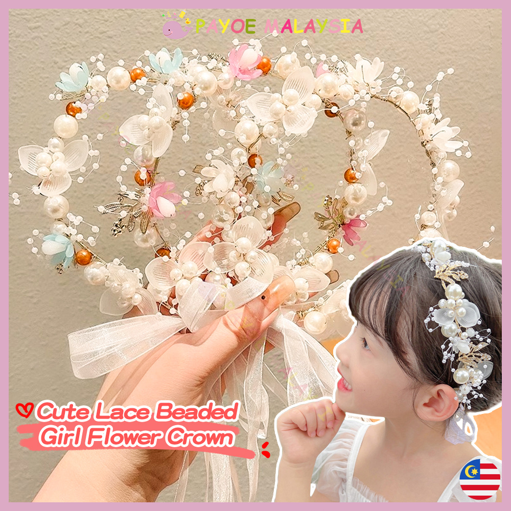 Payoe Flower Crown Sweet Pearl Ribbon Headband Girls Cute Lace Garland Crown Kids Hair Accessories Girl Birthday Party