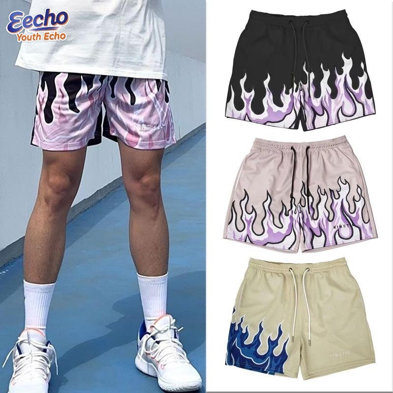 Men's Black Flame Shorts Fire Printed Basketball American Shorts Pants 短裤 短褲男 男生短褲 篮球裤 Seluar Tiga Suku Lelaki Summer Beach Drift Sport Short Man Scelana Pendek