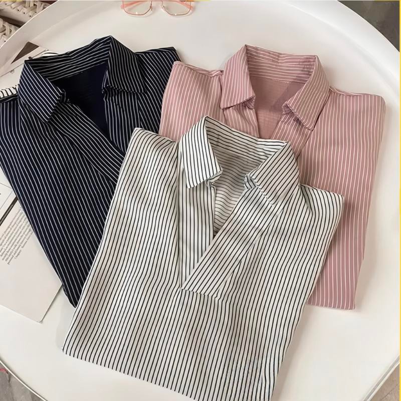 SARICHIC Half Sleeve Kemeja Perempuan for Women Short Sleeve Striped V-Neck Casual Polo Shirts Tops-w563