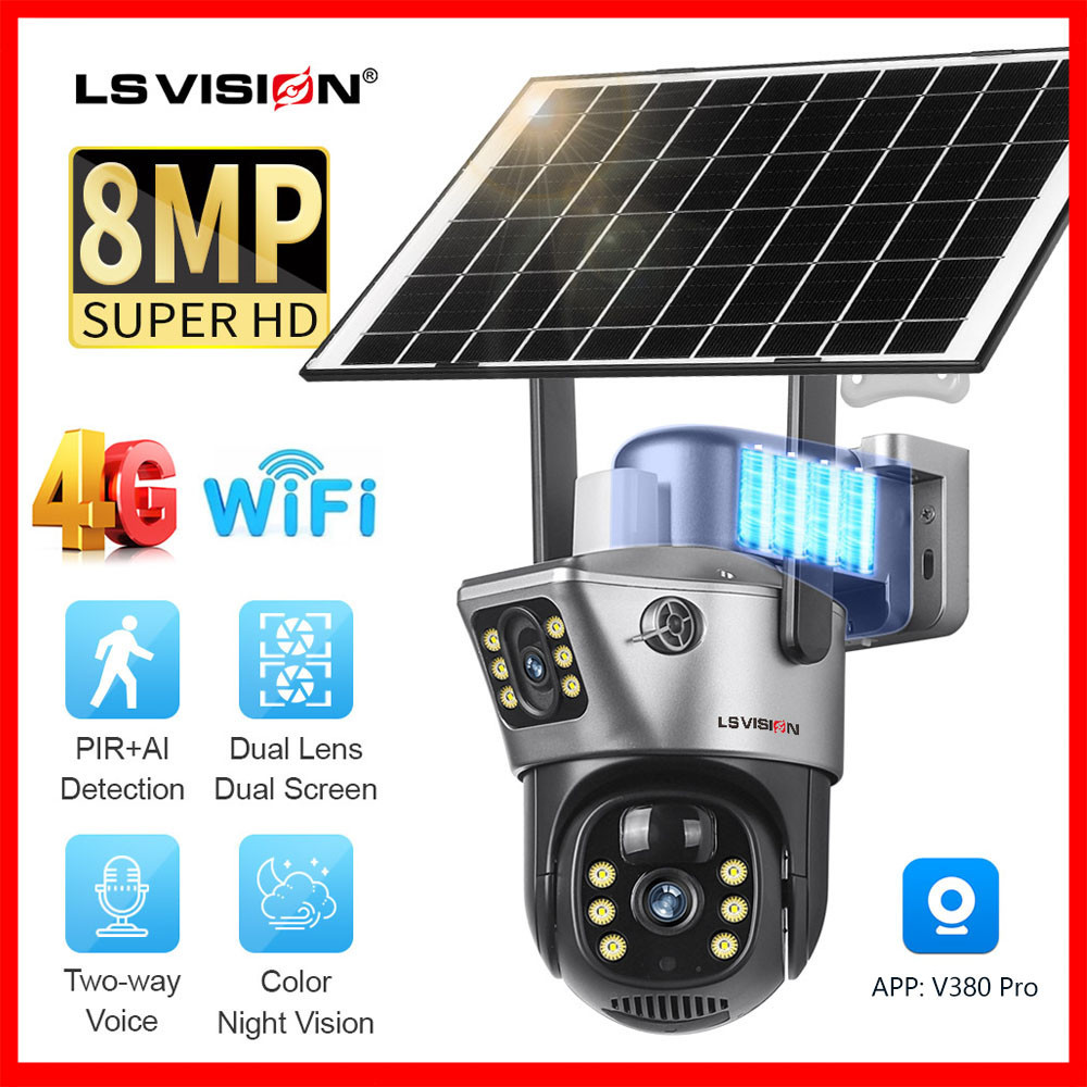 LS VISION V380 Pro 4K 8MP Solar CCTV Solar Camera WIFI/4G Wireless CCTV Outdoor Camera Two Way Audio Built-in Battery Low Power Color Night Vision PTZ Waterproof Mobile Tracking