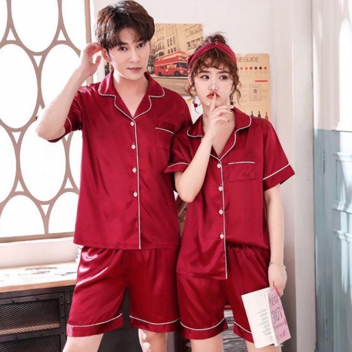 MAIDEN Short Sleeve Short Pant Couple Baju Tidur Perempuan Sexy Comfortable Silk Satin Sleepwear