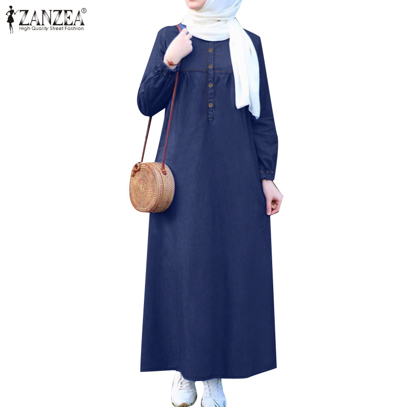 Baju Raya ZANZEA Women Muslim Fashion Lantern Sleeve Loose Solid Color O-Neck Dresses
