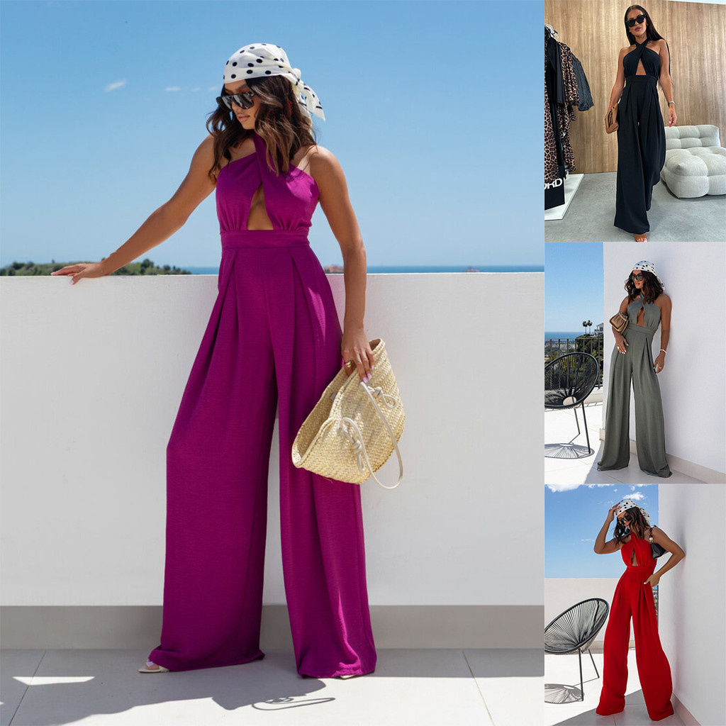 Women's Summer Jumpsuit - Halter Neck Backless Hollow Out Design | Solid Color Wide Leg Romper | Elegant Casual & Party Wear | Fashion Trend