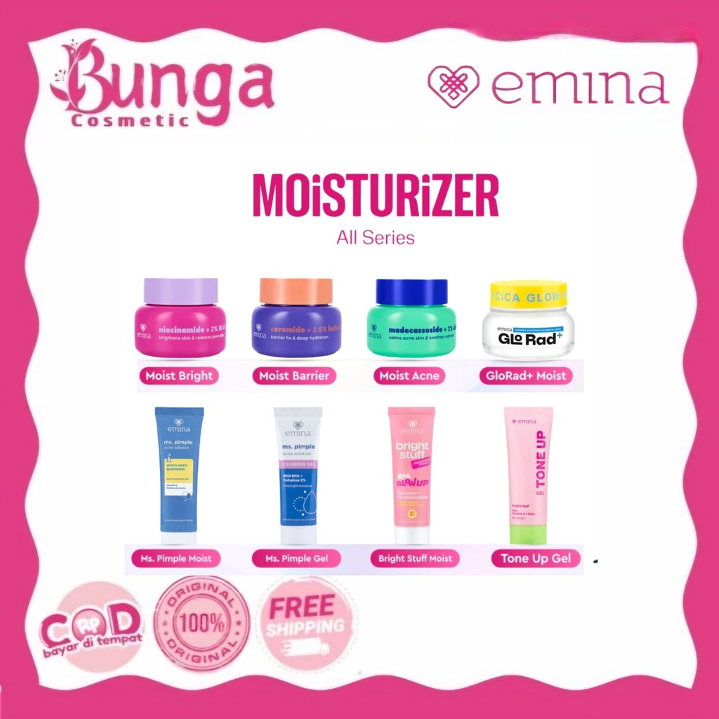 Emina Moisturizer All Series - Water Moisturizer Gel, Moisturizing Cream, GloRad+ Hyalucera Moisturizer Gel, Ms. Pimple Acne Moisturizing Gel - Moisturizer, Moisturizing, Brightening, Repairs Skin Bar