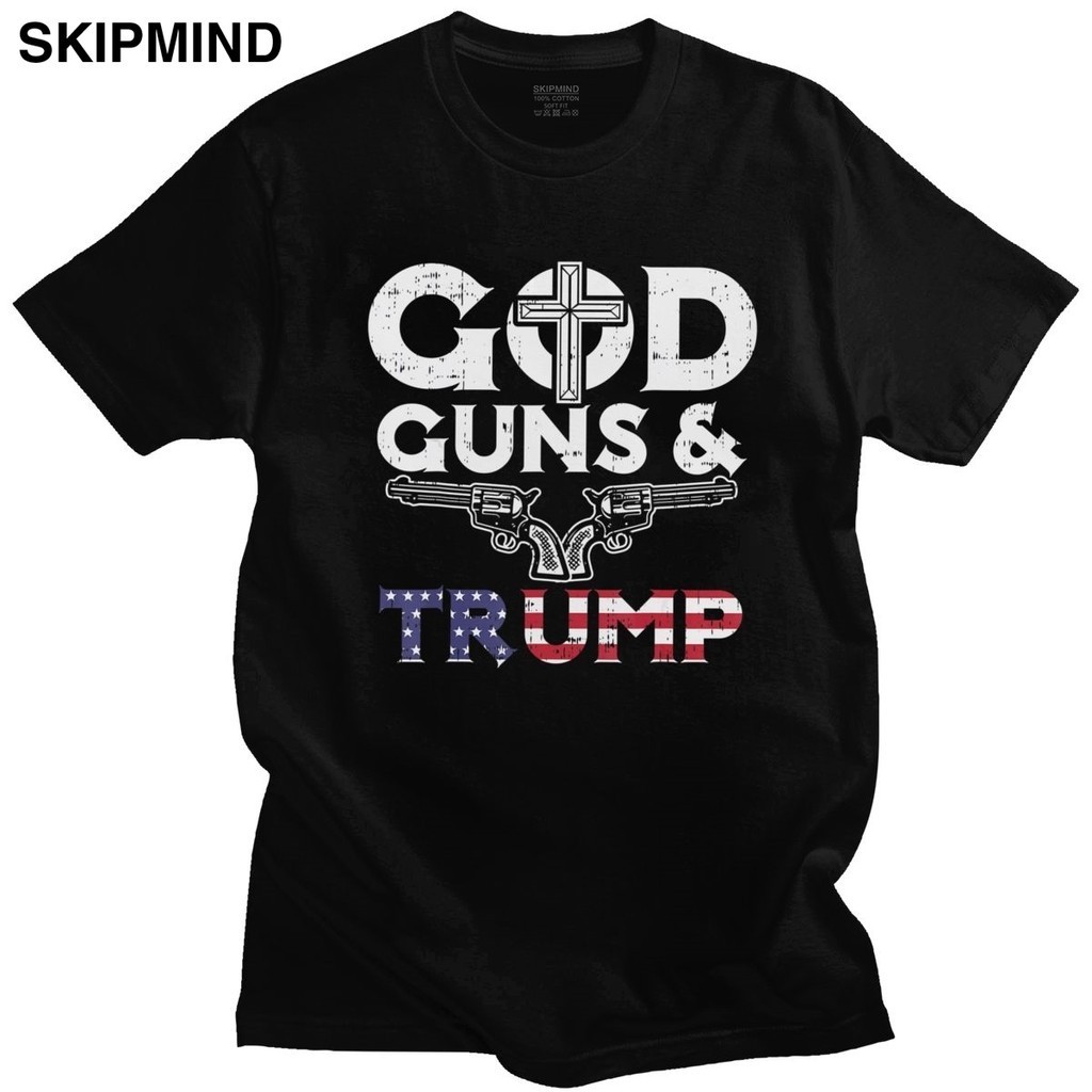 Vintage 2020 Campaign Donald Trump T Shirt Men Short Sleeved God Guns Flag T-Shirt Loose Fit Pure Cotton Tee Merchandise Gift