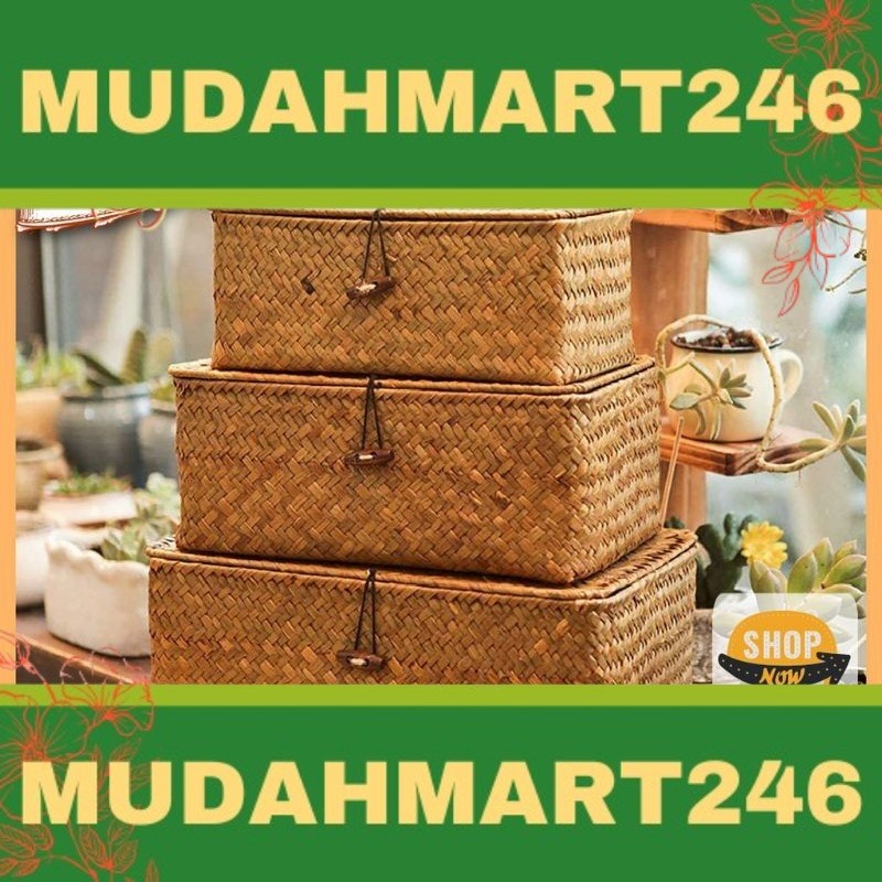 H1064 Handmade Seagrass Rattan Basket Large Retro Woven Picnic Hantaran Kahwin Storage Box With Lid CoveR