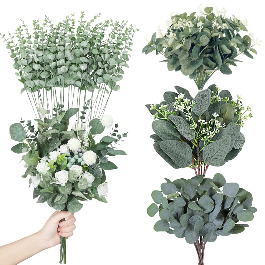 10 Pcs Lots Kinds Eucalyptus Leaves Stems Bulk Touch Leaf Branches Artificial Silver Dollar Eucalyptus Leaves for DIY Bouquets Wedding Vase Bouquet Floral Arrangement