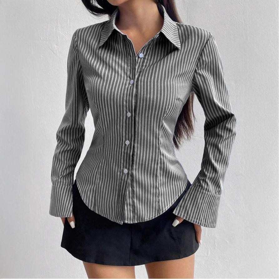 Kemeja lengan panjang langsing, untuk Wanita, Fesyen, Lengan Berkobar, Slim Fit Blue Striped Bell Sleeve Shirt -W619