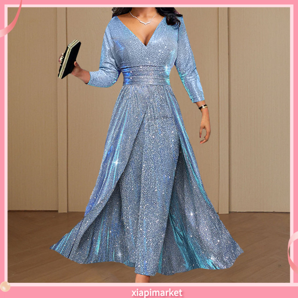 XIA| Women Business Jumpsuit Hem Banquet Playsuit Sparkling Sequin V-neck Jumpsuit for Women Elegant Long Sleeve Romper with High Waist and Hem Perfect for Banquets